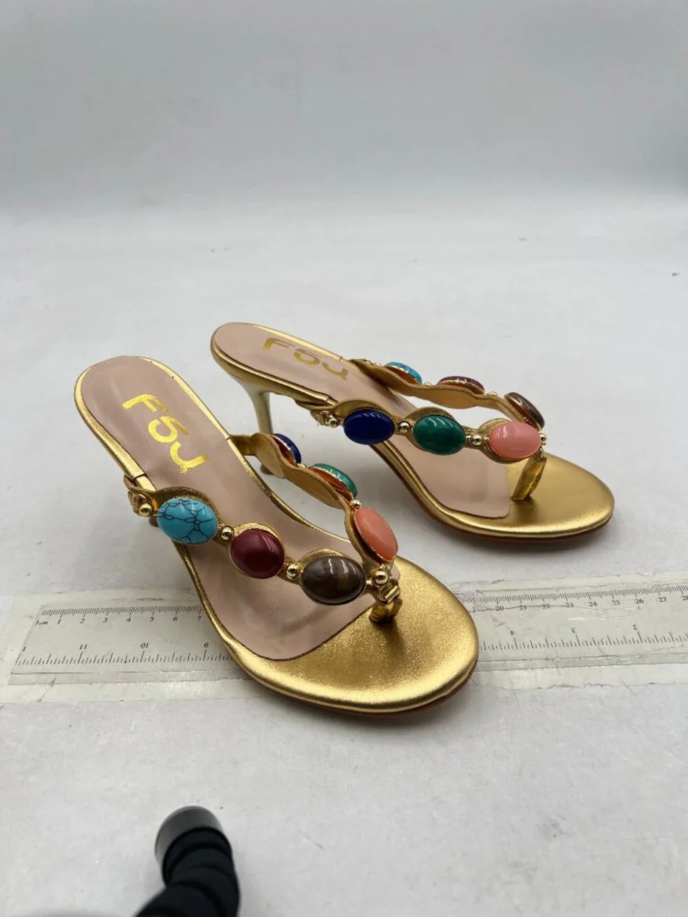 FSJ Gold Jewelled Open Toe Flip Flop Thin High Heel Slip on Thong Sandals